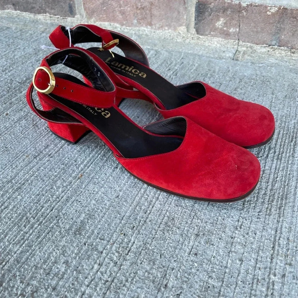 Lamica Shoes - Lamica Italian Suede Leather Slingback Block Heel Size 7 Red Classic Round Toe